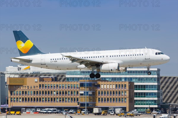 A Thomas Cook Avion Express Airbus A320 with registration LY-VEN lands at Stuttgart Airport