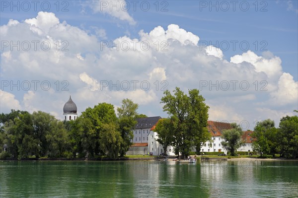 View of Fraueninsel with bell tower of the monastery