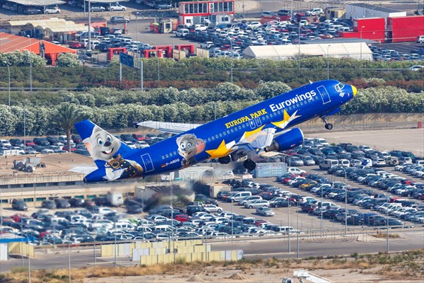 A Eurowings Airbus A320 with the registration D-ABDQ and the special livery Europa Park takes off from the airport in Palma de Majorca