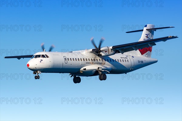 An ATR 72-500 aircraft of Sky Express with registration SX-ONE lands at Heraklion airport