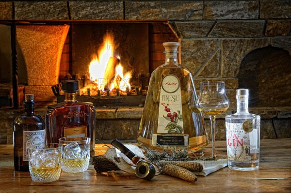 Various spirits with pipe in front of a burning fireplace with fire