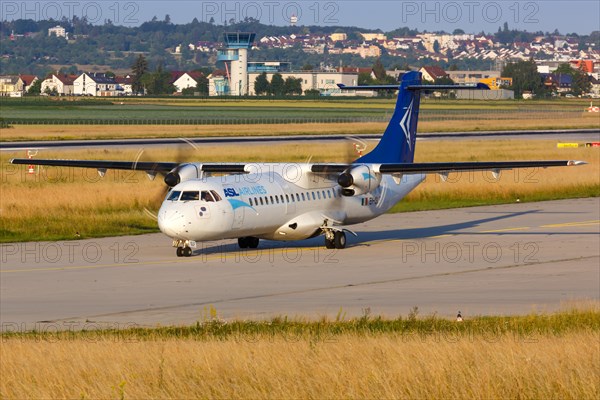 An ATR 72-200F aircraft of ASL Airlines with registration EI-SLF at Stuttgart Airport