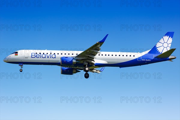 A Belavia Embraer 195 aircraft with registration EW-514PO lands at Charles de Gaulle Airport