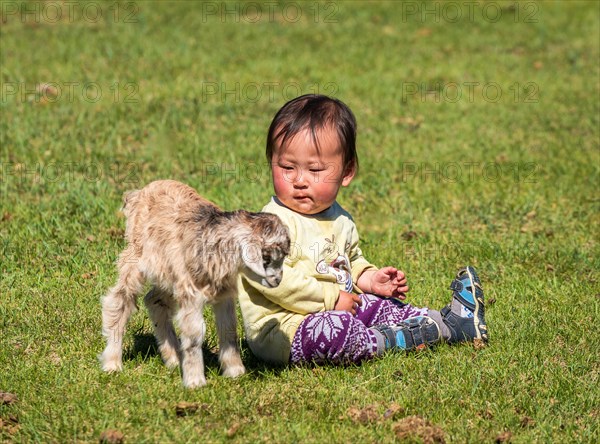 Nomad child growing up together with animal children in summer