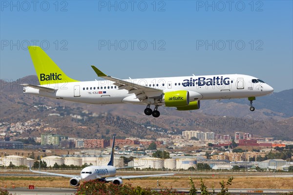 An Air Baltic Airbus A220-300 with registration number YL-CSJ lands at Malaga Airport