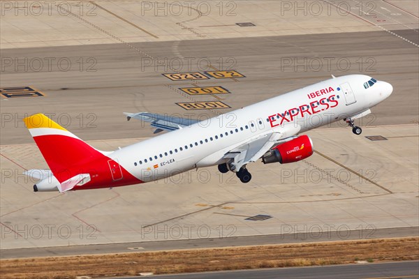 An Iberia Express Airbus A320 with the registration EC-LEA takes off from Palma de Majorca Airport