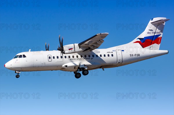 An ATR 42-500 aircraft of Sky Express with registration SX-FOR lands at Heraklion airport