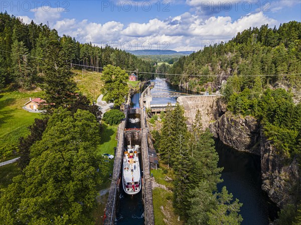 Aerial of a tourist boat in the Vrangfoss lock