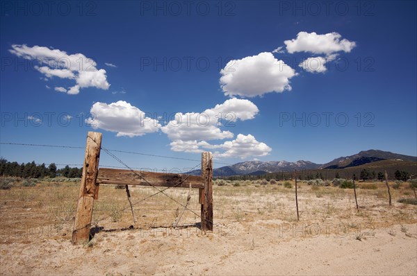 Puffy storm clouds forming over field and aged fence on a blue sky