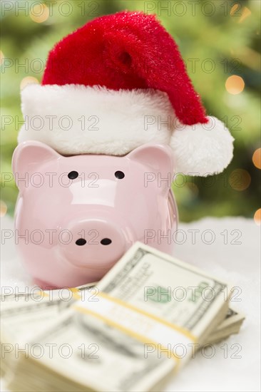 Pink piggy bank wearing santa hat near stacks of hundreds of dollars of money on snowflakes