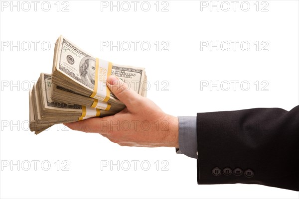 Man handing over hundreds of dollars isolated on a white background
