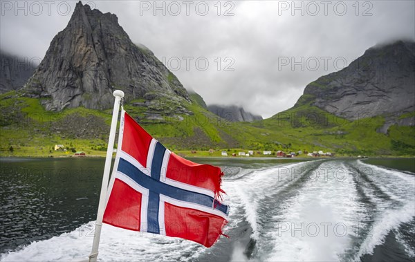 Norwegian flag at the ferry from Reine to Vinstadt on the Reinefjord