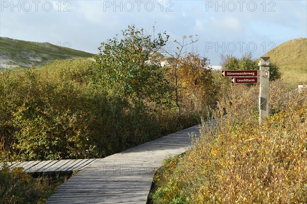 Signpost at the wooden plank path at Kniepsand