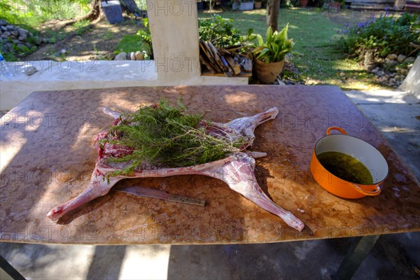 Whole lamb marinating in oil rub and rosemary for asado