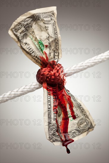 Wrinkled american dollar tied up and bleeding in rope