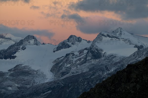 Blue hour over Soeldner ski resort Soelden