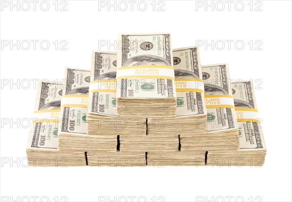 Stacks of ten thousand dollar piles of one hundred dollar bills isolated on a white background