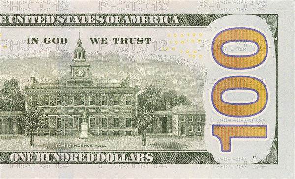 Back right half of the newly designed U.S. currency one hundred dollar bill