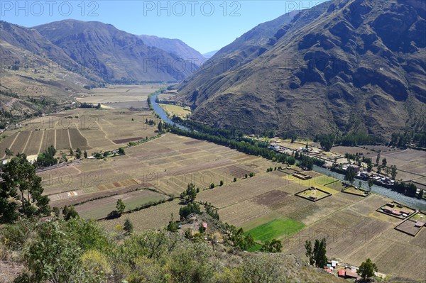 Harvested fields in Valle Sagrado at Rio Urubamba