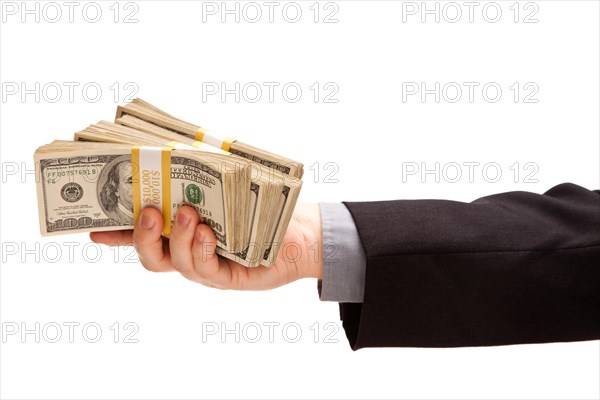 Man handing over hundreds of dollars isolated on a white background