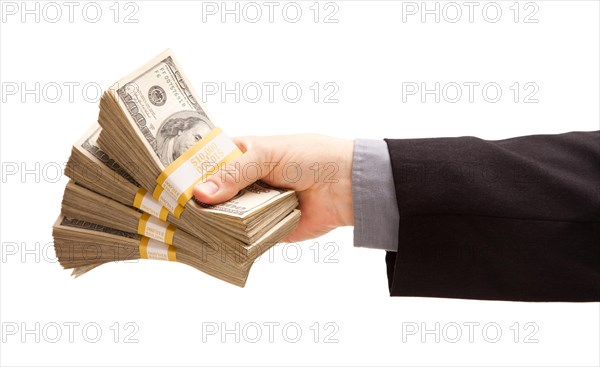 Man handing over hundreds of dollars isolated on a white background