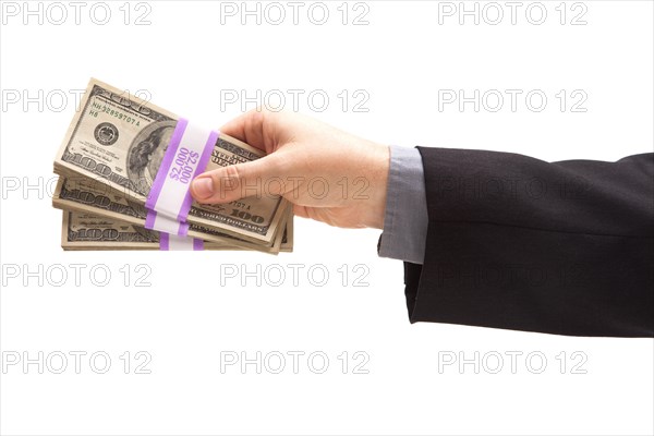 Man handing over hundreds of dollars isolated on a white background