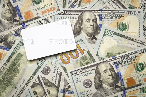 Blank credit or gift card on newly designed U.S. one hundred dollar bills
