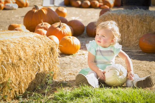 Adorable baby girl holding a pumpkin in a rustic ranch setting at the pumpkin patch