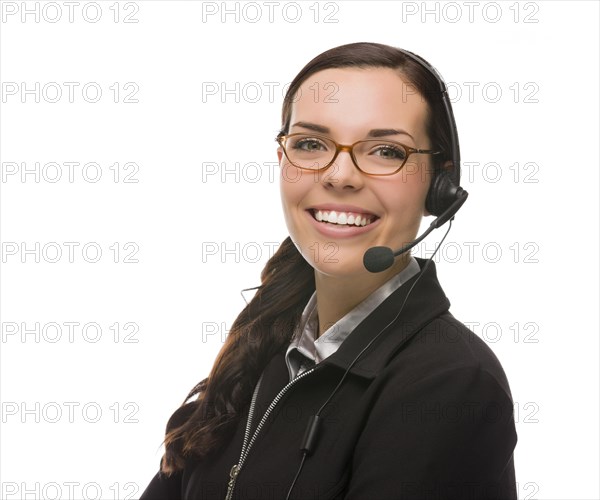 Helpful mixed-race receptionist wearing phone head-set isolated on white background
