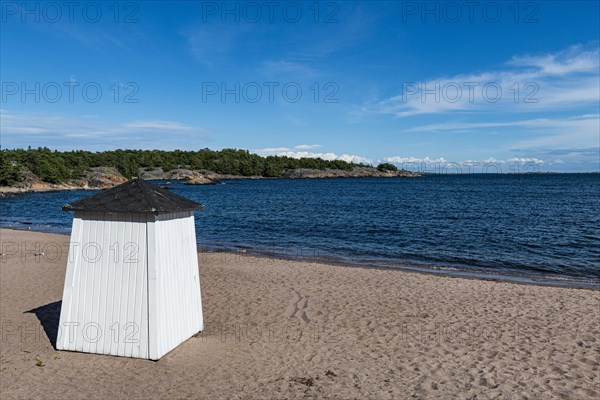 Beach huts on a deserted beach