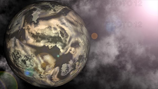 Digitally created illustration of planet Pluto with starry sky