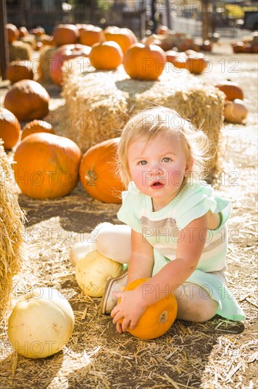 Adorable baby girl holding a pumpkin in a rustic ranch setting at the pumpkin patch