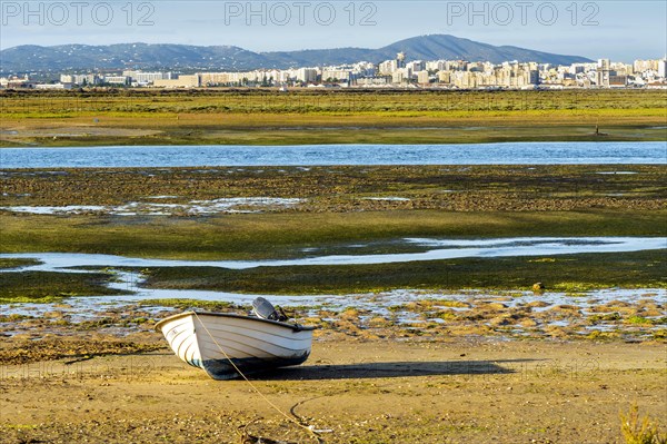 Boat by Ria Formosa wetlands during low tide