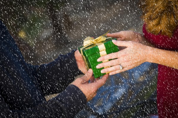 Hands of man and woman exchanging a wrapped christmas gift in the snow