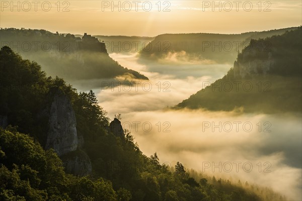 View from Eichfelsen to Werenwag Castle with morning fog