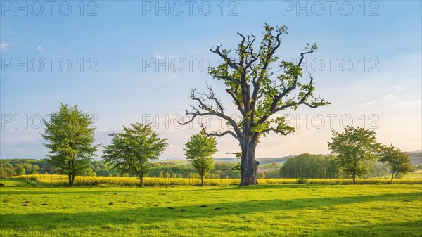 Meadow with old gnarled solitary oak