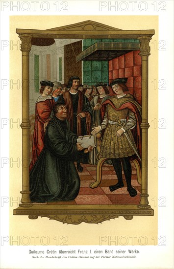 Guillaume Cretin presents Francis I with a volume of his works