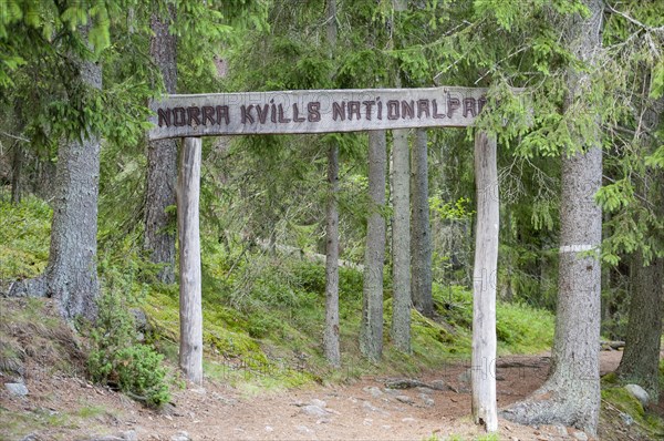 Entrance sign of Norra Kvill National Park near Vimmerby
