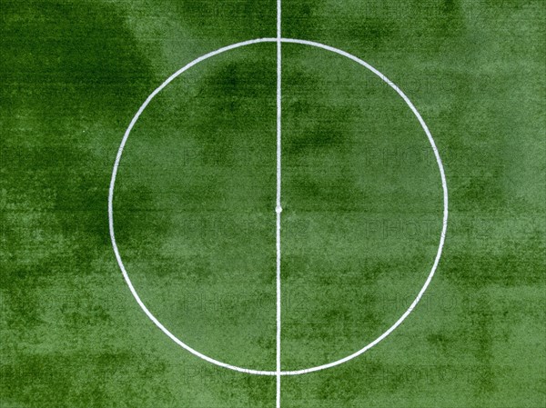 Aerial view of soccer pitch covered with artificial grass in Altea La Vella