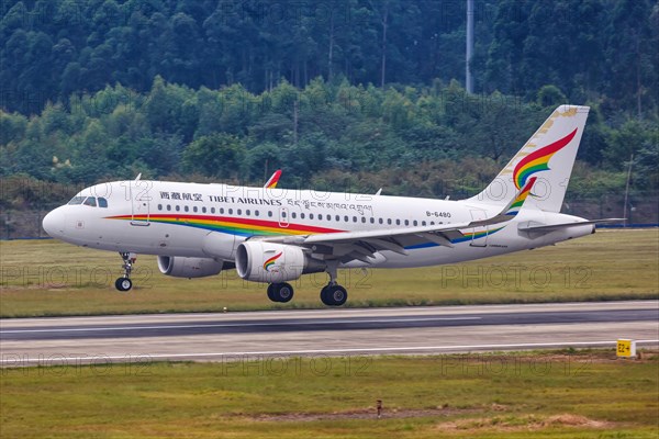 An Airbus A319 aircraft of Tibet Airlines with registration number B-6480 at Chengdu airport