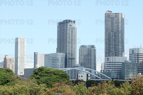 Skyline with sykscrapers from Hamarikyu Gardens