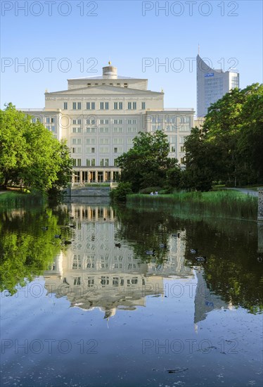 Swan pond with opera and city skyscraper