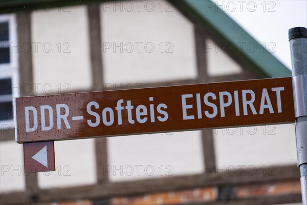 Sign for the ice cream parlour 'Eispirat' with original GDR soft ice cream in Doemitz