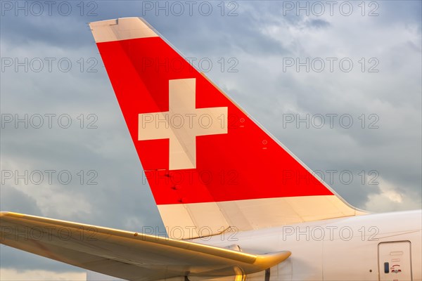 Swiss Airbus aircraft tail unit at Zurich Airport