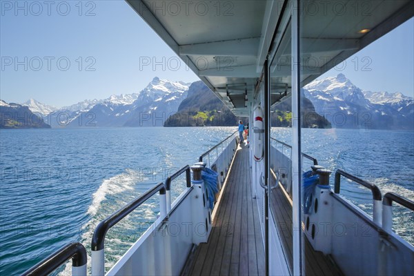 View of the Ruetli meadow during a boat trip on Lake Uri