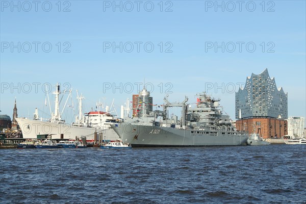 Museum ship 'Cap San Diego' and Elbe philharmonic hall during 830. harbor birthday