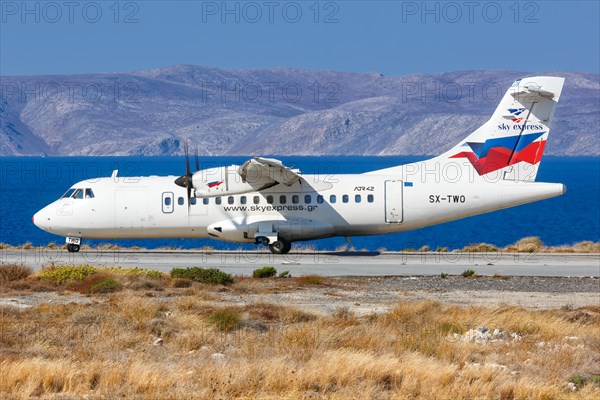 An ATR 42-500 aircraft of Sky Express with registration SX-TWO at Heraklion Airport