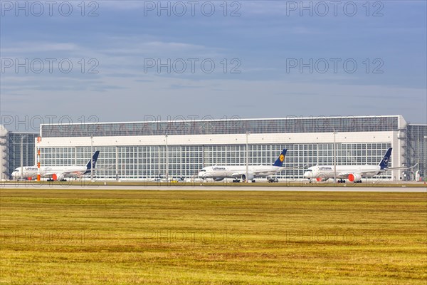 Parked Lufthansa Airbus A350 aircraft Coronavirus Corona Virus COVID-19 at Munich Airport