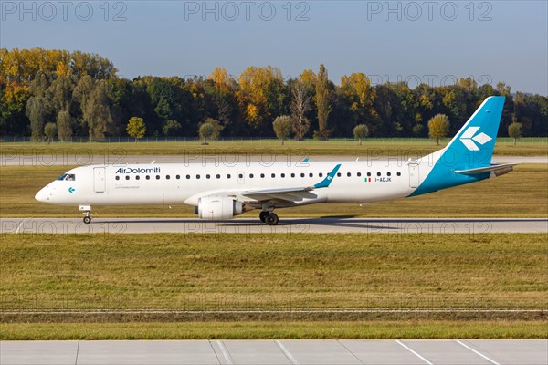 An Embraer ERJ 195 aircraft of Air Dolomiti with registration number I-ADJK at Munich Airport
