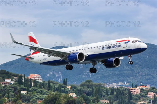 A British Airways Airbus A321neo aircraft with registration G-NEOV at Corfu Airport